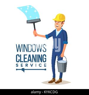 Skyscraper Cleaning Service Vector. Man With Bucket Of Water And Scraper. Professional Worker Cleaning Windows. Isolated On White Cartoon Character Illustration Stock Vector