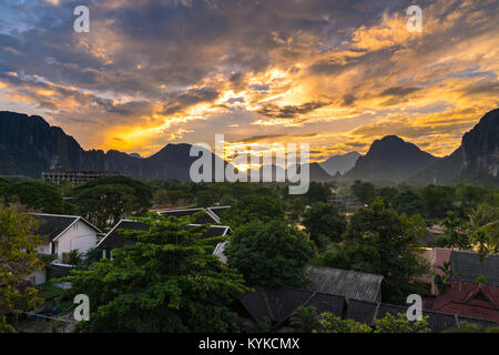 Viewpoint and beautiful Landscape in sunset at Vang Vieng, Laos. Stock Photo