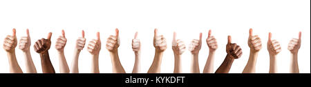 Row Of Hands Showing Thumb Up Sign Against The White Background Stock Photo