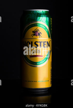 LONDON, UK - JANUARY 02, 2018: Aluminium can of Holsten pils beer on black background.Brewing company founded in 1879 in what is now Hamburg's Altona- Stock Photo