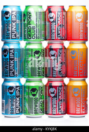 LONDON, UK - JANUARY 02, 2018: Aluminium cans of Brewdog  beer selection, from the Brewdog brewery on white background. Stock Photo