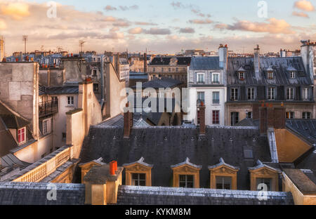 Paris rooftops in the Marais district, the historic heart of the city. Beautiful golden afternoon light and close up detail Stock Photo