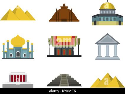 Temple icon set, flat style Stock Vector