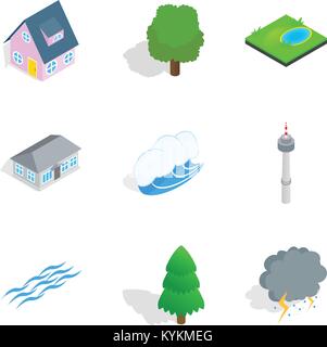 Townlet icons set, isometric style Stock Vector