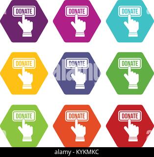 Hand presses button to donate icon set color hexahedron Stock Vector