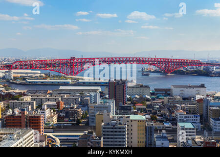 OSAKA, JAPAN - OCTOBER 28: Minato Bridge in Osaka, Japan on October 28, 2014. Opened in 1974, a double-deck cantilever truss bridge. It is the third-l Stock Photo