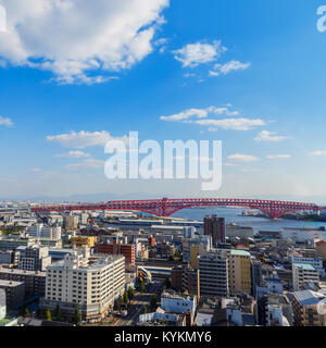 OSAKA, JAPAN - OCTOBER 28: Minato Bridge in Osaka, Japan on October 28, 2014. Opened in 1974, a double-deck cantilever truss bridge. It is the third-l Stock Photo