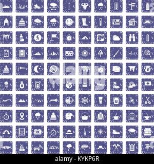 100 mountaineering icons set grunge sapphire Stock Vector