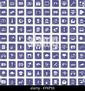 100 multimedia icons set grunge sapphire Stock Vector