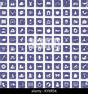 100 nursery school icons set grunge sapphire Stock Vector