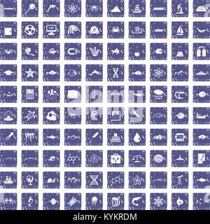 100 oceanology icons set grunge sapphire Stock Vector
