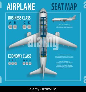 Banner, poster, flyer with airplane seats plan. Business and economy classes top view Aircraft information map. Realistic passenger aircraft indoor seating chart. Vector illustration. Stock Vector