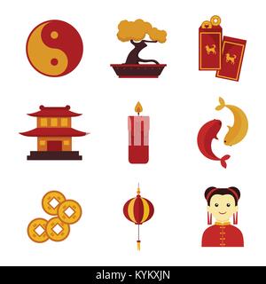 Simple Cute Chinese Custom Culture Vector Illustration Graphic Design Set Stock Vector