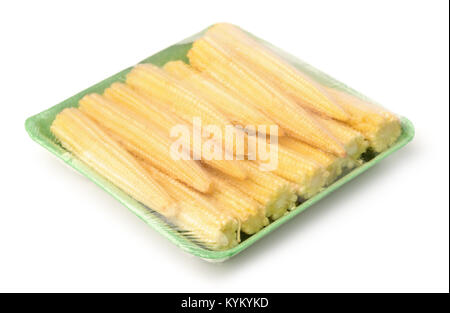 Packed fresh baby corn isolated on white Stock Photo