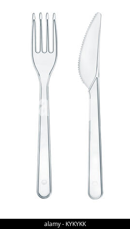 Disposable transparent plastic knife and fork  isolated on white Stock Photo