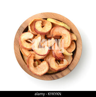 Top view of bowl with dried apple chips isolated on white Stock Photo