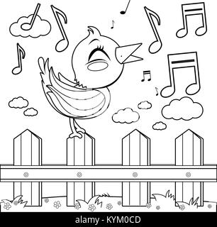 Bird sitting on a fence and singing. Coloring book page Stock Vector