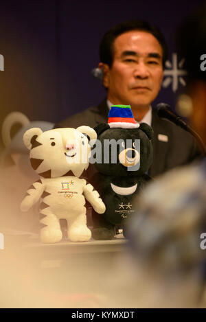 2018 Korea Winter Olympic mascot Soohorang and Paralympic mascot Bandabi at the official press conference held in Gangwon-do Stock Photo