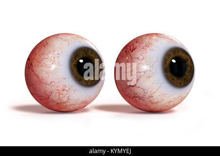 two realistic human eyes with brown iris, isolated on white background (3d render) Stock Photo