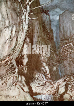 An illustration by Arthur Rackham from 'The Rhinegold & The Valkyrie', captioned - ' There as a dread. Dragon he sojourns. And in a cave. Keeps watch Stock Photo