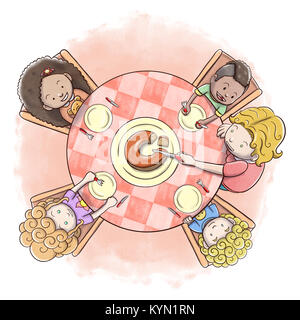 Aerial view of mother serving cake to a group of children – watercolor painting background Stock Photo