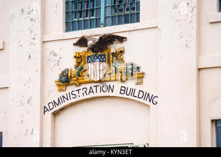 Entrance to the Administration Building, Alcatraz Federal Penitentiary, National Historic Landmark on Alcatraz Island, San Francisco, California, USA Stock Photo