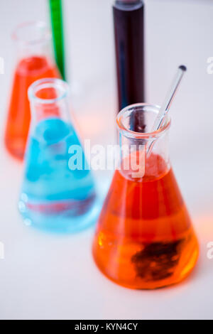 Erlenmeyer flask in school science lab for experiments Stock Photo