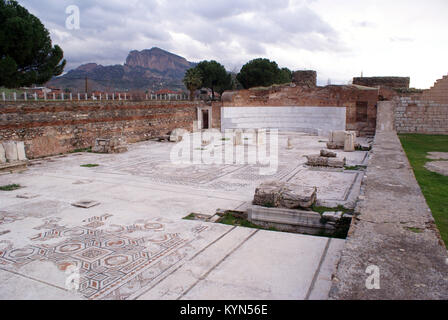 Mosaic on the marble floor of ruins in Sardes, Turkey Stock Photo