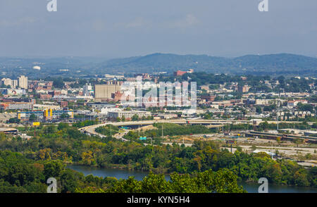 Overview of the city of Chattanooga, Tennessee with the Tennessee River in the foreground as seen from the Ruby Falls Tower atop Lookout Mountain. Stock Photo