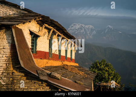 View on the Annapurna range and village Dhampus, Annapurna base camp trek, Nepal, Asia. Stock Photo