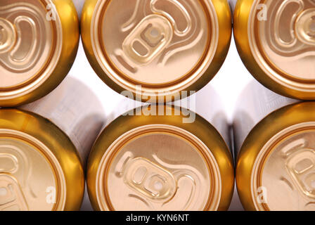 Metal beer cans background. Mass production background. Stock Photo