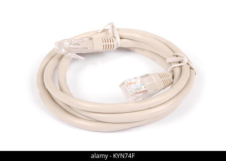 Patch cord grey network cable with molded RJ45 plug, isolated on a white background Stock Photo