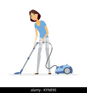 Young woman with a vacuum cleaner - cartoon people characters illustration Stock Vector