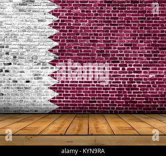 Qatar flag painted on brick wall with wooden floor Stock Photo