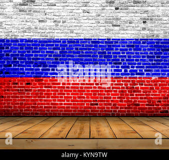 Russia flag painted on brick wall with wooden floor Stock Photo