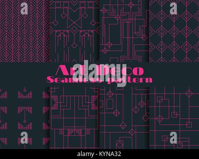 Set of seamless patterns of art deco. Lines and geometric figures on the background.  Style 1920's, 1930's. Vector illustration Stock Vector