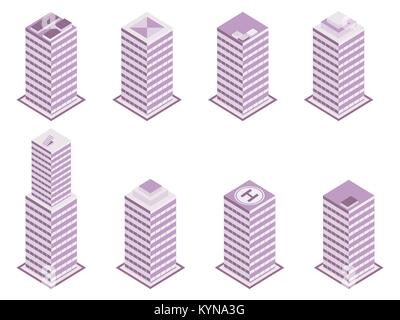 Isometric building set isolated on white background. Vector illustration Stock Vector