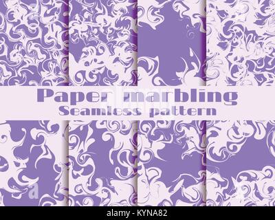 Marble seamless pattern set. Marbled paper watercolor. Drawing on the water. Grunge textures. Purple marbling background. Vector illustration Stock Vector