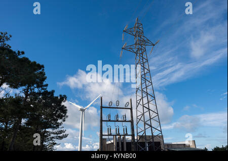 wind turbine and electricity sub station, Portugal. Stock Photo