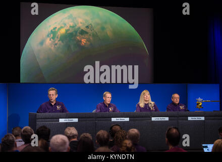 Director of NASA's Planetary Science Division, Jim Green, left, speaks during a press conference previewing Cassini's End of Mission, Wednesday, Sept. 13, 2017 at NASA's Jet Propulsion Laboratory in Pasadena, California. Also participating in the press conference were Cassini program manager at JPL, Earl Maize, second from left, Cassini project scientist at JPL, Linda Spilker, second from left, and principle investigator for the Ion and Neutral Mass Spectrometer (INMS) at the Southwest Research Institute, Hunter Waite, right. Since its arrival in 2004, the Cassini-Huygens mission has been a di