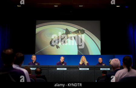 Director of NASA's Planetary Science Division, Jim Green, left, Cassini program manager at JPL, Earl Maize, second from left, Cassini project scientist at JPL, Linda Spilker, second from right, and principle investigator for the Neutral Mass Spectrometer (INMS) at the Southwest Research Institute, Hunter Waite, right, are seen during a press conference previewing Cassini's End of Mission, Wednesday, Sept. 13, 2017 at NASA's Jet Propulsion Laboratory in Pasadena, California. Since its arrival in 2004, the Cassini-Huygens mission has been a discovery machine, revolutionizing our knowledge of the Stock Photo