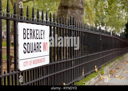 Berkeley Square sign on railings with square behind Stock Photo