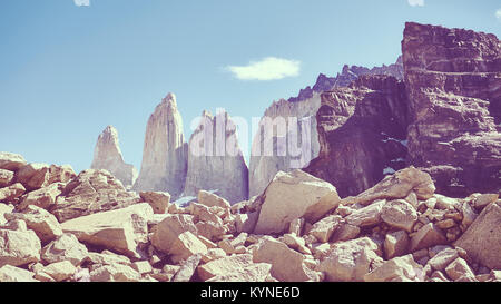 Torres del Paine mountains, color toned picture, Patagonia, Chile. Stock Photo