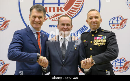 Expedition 52 flight engineers Paolo Nespoli, Sergey Ryazanskiy, and Randy Bresnik participated in a press conference at the Gagarin Cosmonaut Training Center before their mission to the International Space Station, discussing preparations and objectives. Stock Photo