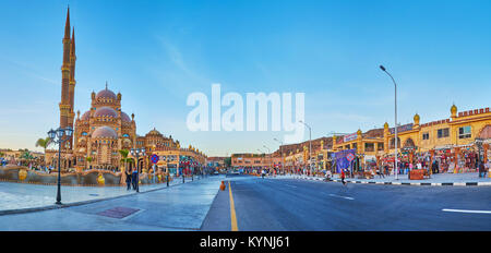 SHARM EL SHEIKH, EGYPT- DECEMBER 15, 2017: Panorama of the Old Town with its main landmarks - Sahaba mosque and old bazaar, surrounding it, on Decembe Stock Photo