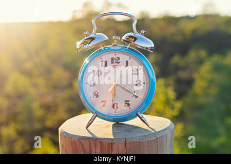 Vintage blue alarm clock on summer forest background Stock Photo