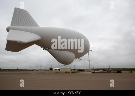 Eagle Pass, TX - The Tethered Aerostat Radar System (TARS) is low-level airborne ground surveillance system that uses aerostats (moored balloons) as radar platforms.  U.S. Customs and Border Protection, Air and Marine Operations use the TARS to provide persistent, long-range detection and monitoring (radar surveillance) capability for interdicting low-level air, maritime and surface smugglers and narcotics traffickers.  Photographer: Donna Burton Stock Photo