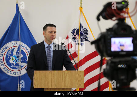 U.S. Customs and Border Protection Acting Commissioner Kevin K. McAleenan addresses CBP managers from throughout the agency's law enforcement units in a town hall event held at Los Angeles International Airport, October 11, 2017. U.S. Customs and Border Protection photo by Jaime Ruiz Stock Photo