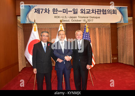 Deputy Secretary of State John Sullivan poses for a family photo with South Korean Vice Foreign Minister Lim Sung-Nam and Japanese Vice Foreign Minister Sugiyama Shinsuke in Seoul, South Korea on October 18, 2017. Stock Photo