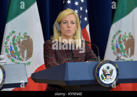 Secretary of Homeland Security Kirstjen M. Nielsen delivers remarks at the Second U.S.-Mexico Strategic Dialogue on Disrupting Transnational Criminal Organizations at the U.S. Department of State in Washington, D.C., on December 14, 2017. Stock Photo